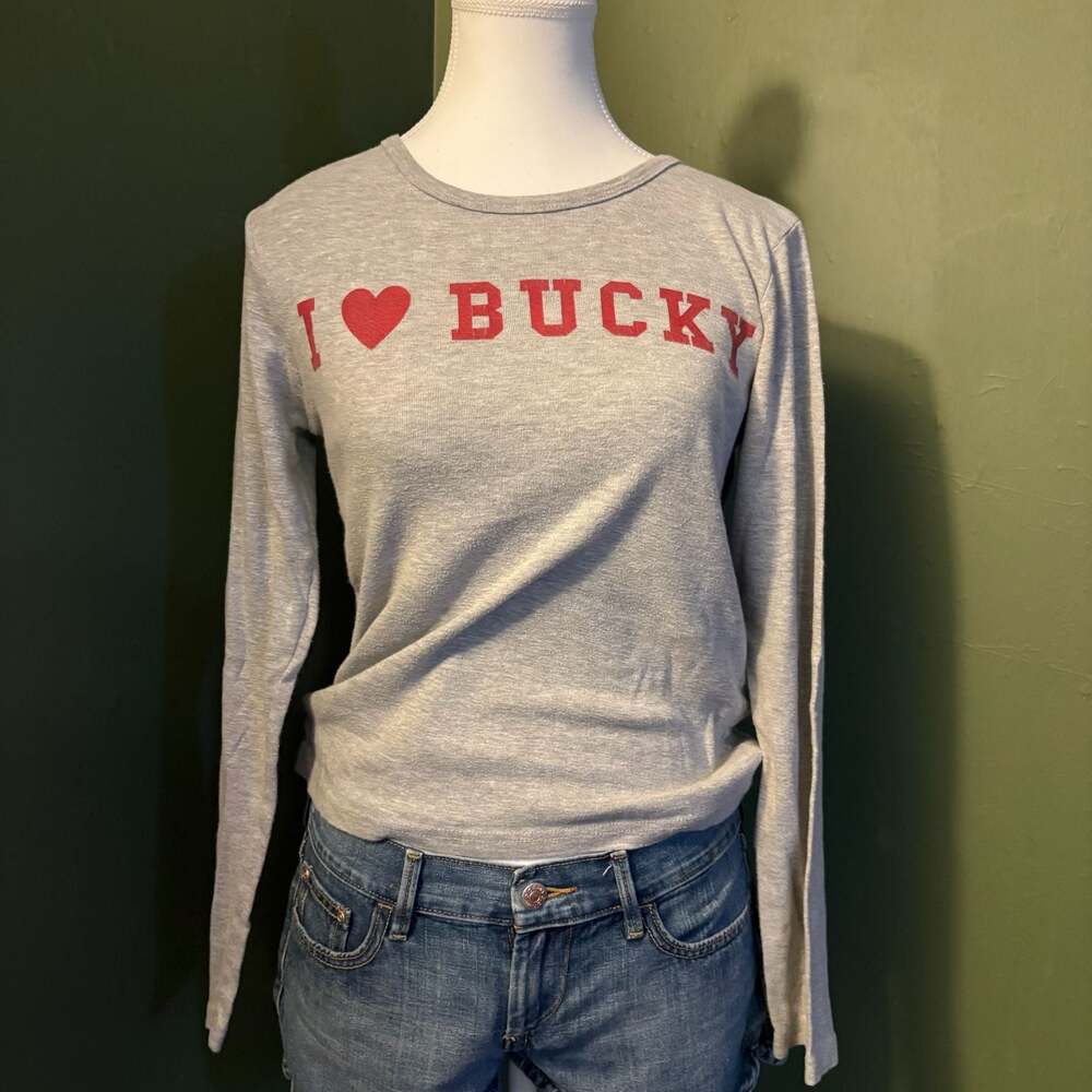 Anvil I Heart Bucky Long Sleeve T-Shirt Gray Size Medium